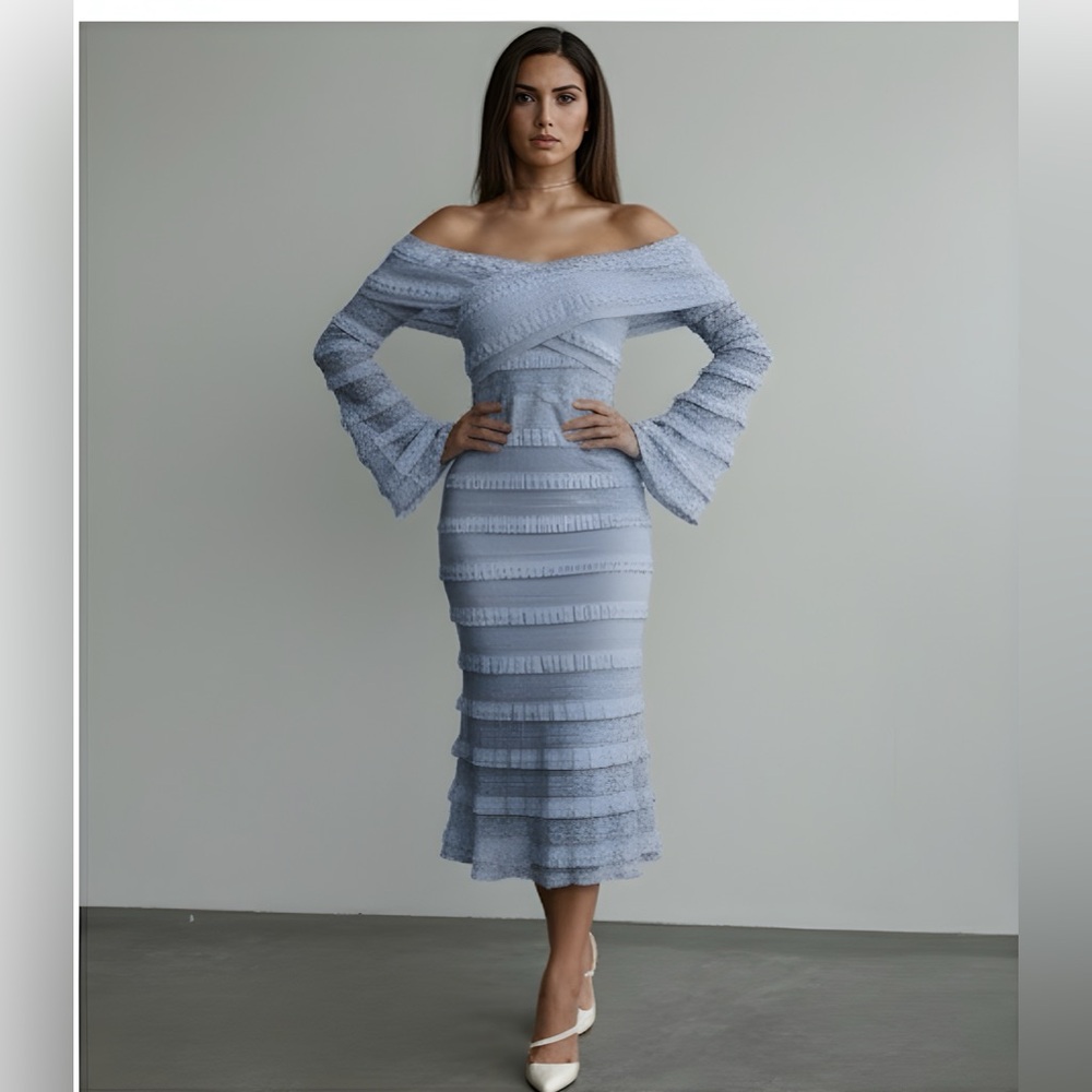 LAST ONE 🔥 Off Shoulder Long Sleeve Flare Cuff Dress Blue